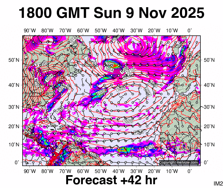 North Atlantic forecast chart for Sunday, November 9th, 2025 at 6:00 PM