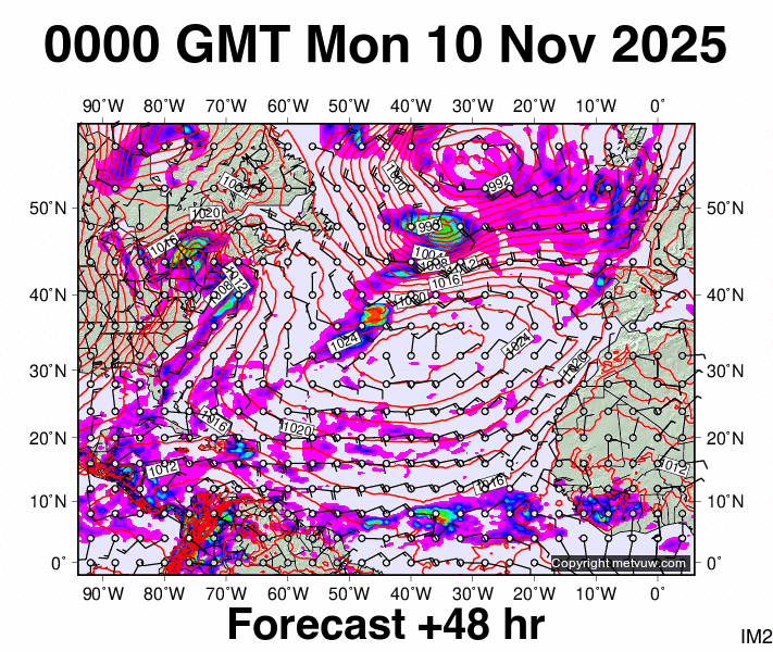 North Atlantic forecast chart for Monday, November 10th, 2025 at 12:00 AM