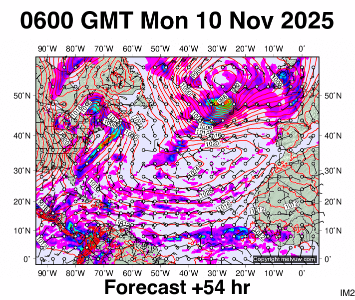 North Atlantic forecast chart for Monday, November 10th, 2025 at 6:00 AM
