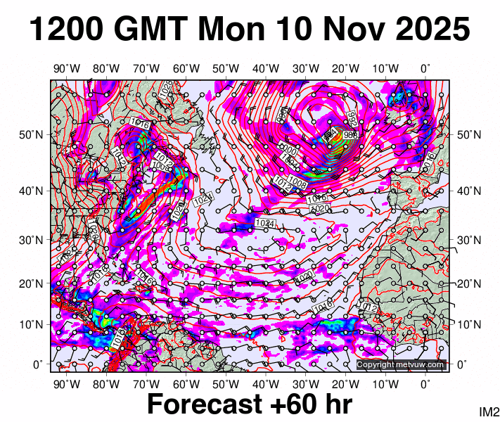 North Atlantic forecast chart for Monday, November 10th, 2025 at 12:00 PM