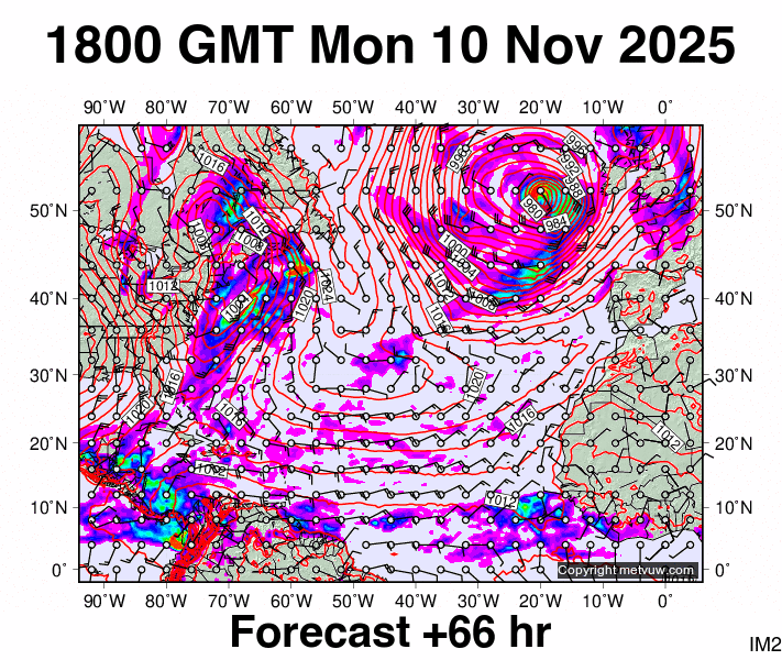 North Atlantic forecast chart for Monday, November 10th, 2025 at 6:00 PM