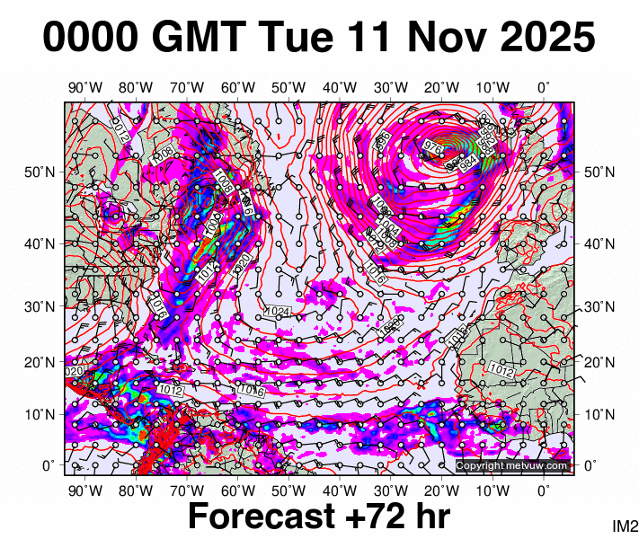 North Atlantic forecast chart for Tuesday, November 11th, 2025 at 12:00 AM