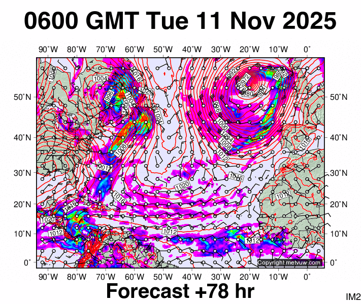 North Atlantic forecast chart for Tuesday, November 11th, 2025 at 6:00 AM