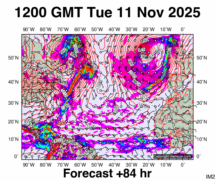North Atlantic forecast chart for Tuesday, November 11th, 2025 at 12:00 PM
