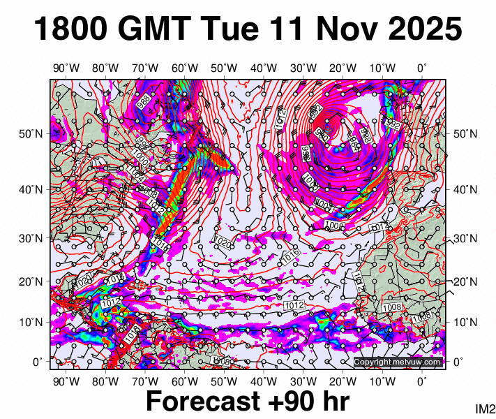 North Atlantic forecast chart for Tuesday, November 11th, 2025 at 6:00 PM