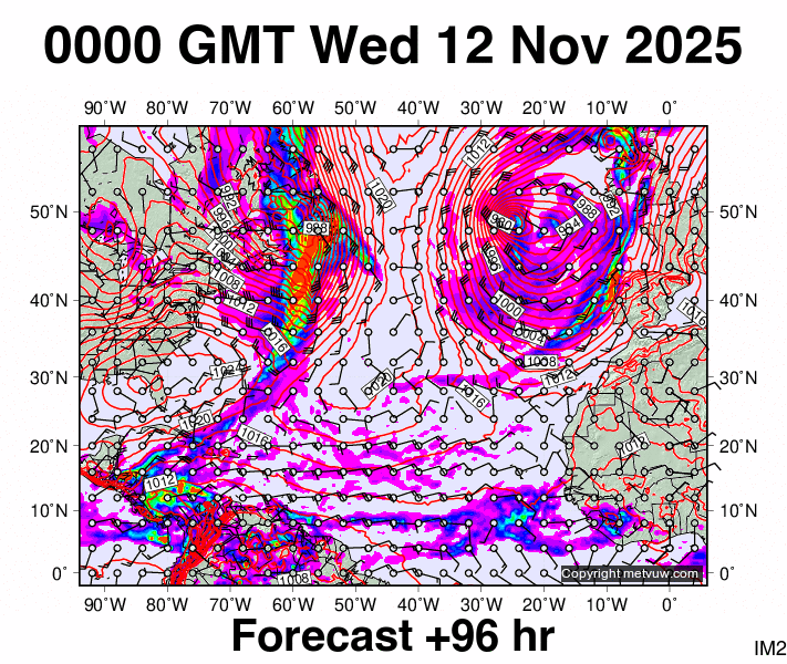 North Atlantic forecast chart for Wednesday, November 12th, 2025 at 12:00 AM