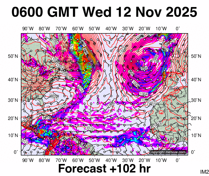 North Atlantic forecast chart for Wednesday, November 12th, 2025 at 6:00 AM