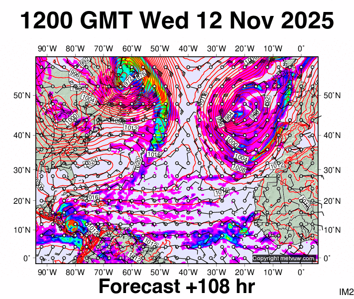 North Atlantic forecast chart for Wednesday, November 12th, 2025 at 12:00 PM