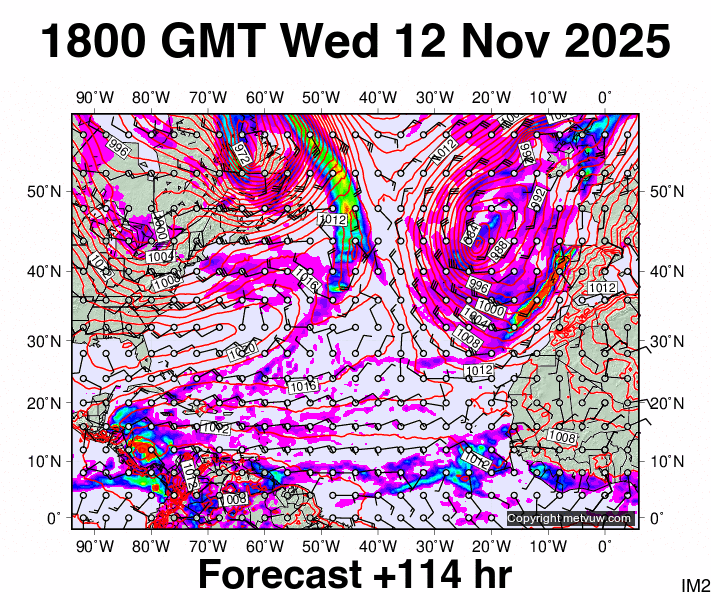 North Atlantic forecast chart for Wednesday, November 12th, 2025 at 6:00 PM