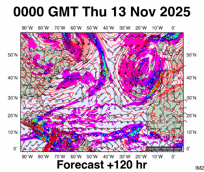 North Atlantic forecast chart for Thursday, November 13th, 2025 at 12:00 AM