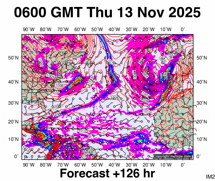 North Atlantic forecast chart for Thursday, November 13th, 2025 at 6:00 AM
