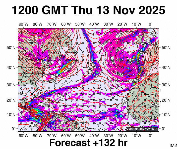 North Atlantic forecast chart for Thursday, November 13th, 2025 at 12:00 PM
