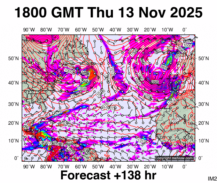 North Atlantic forecast chart for Thursday, November 13th, 2025 at 6:00 PM