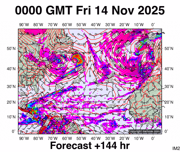 North Atlantic forecast chart for Friday, November 14th, 2025 at 12:00 AM