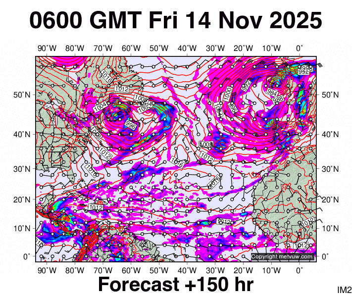 North Atlantic forecast chart for Friday, November 14th, 2025 at 6:00 AM