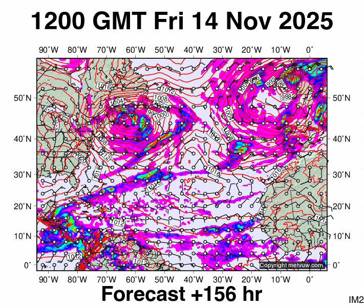North Atlantic forecast chart for Friday, November 14th, 2025 at 12:00 PM