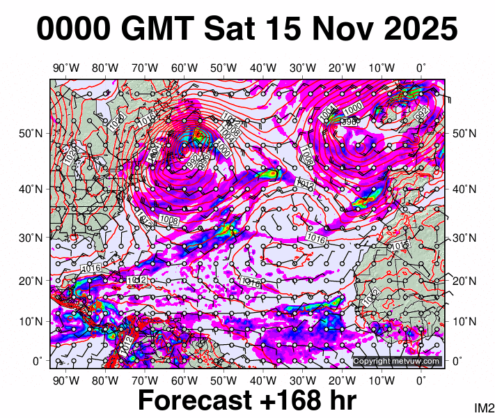 North Atlantic forecast chart for Saturday, November 15th, 2025 at 12:00 AM