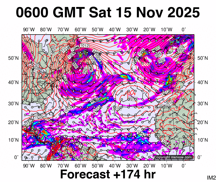 North Atlantic forecast chart for Saturday, November 15th, 2025 at 6:00 AM