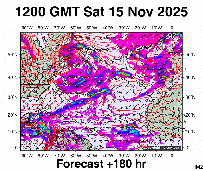 North Atlantic forecast chart for Saturday, November 15th, 2025 at 12:00 PM