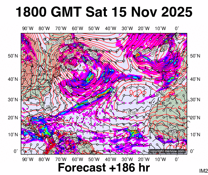 North Atlantic forecast chart for Saturday, November 15th, 2025 at 6:00 PM