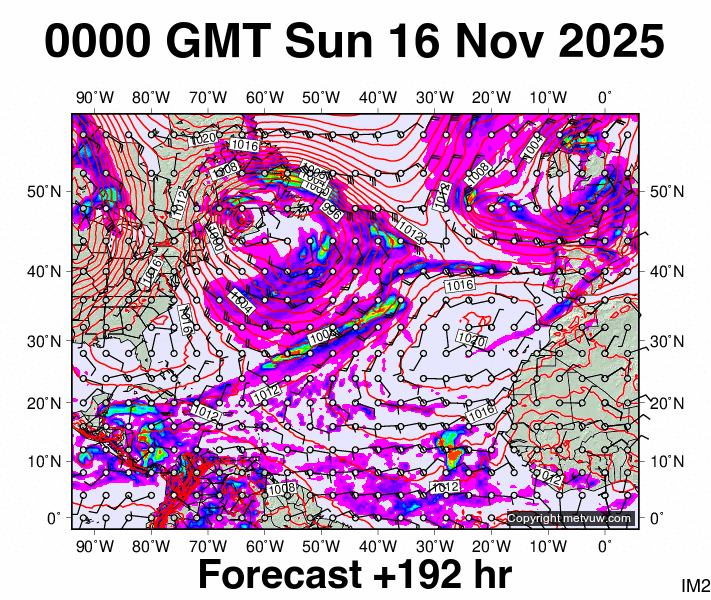 North Atlantic forecast chart for Sunday, November 16th, 2025 at 12:00 AM