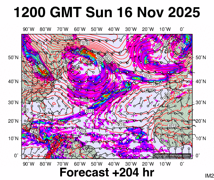 North Atlantic forecast chart for Sunday, November 16th, 2025 at 12:00 PM