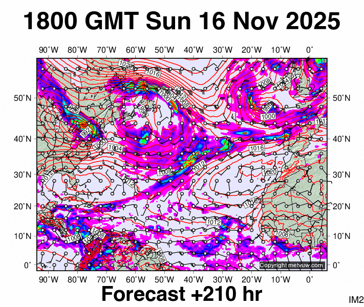 North Atlantic forecast chart for Sunday, November 16th, 2025 at 6:00 PM