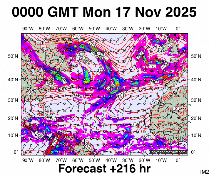 North Atlantic forecast chart for Monday, November 17th, 2025 at 12:00 AM