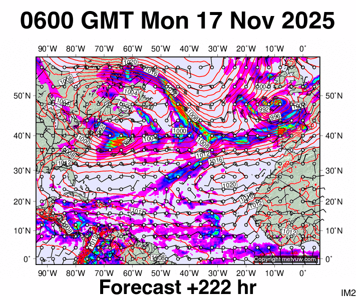 North Atlantic forecast chart for Monday, November 17th, 2025 at 6:00 AM