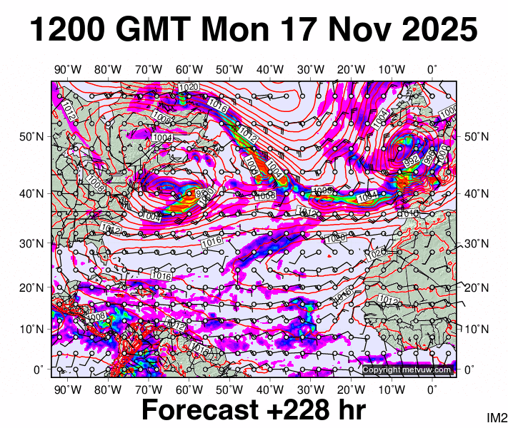 North Atlantic forecast chart for Monday, November 17th, 2025 at 12:00 PM