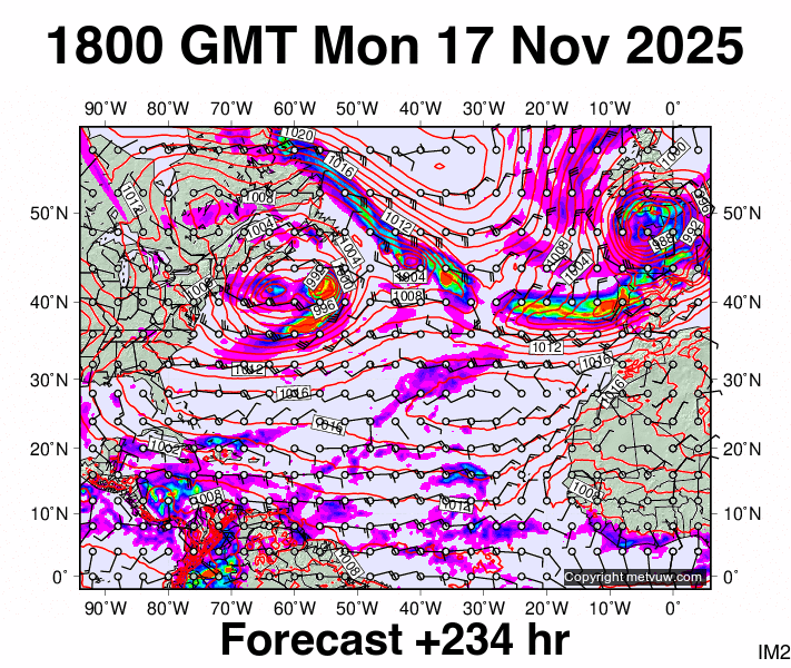 North Atlantic forecast chart for Monday, November 17th, 2025 at 6:00 PM