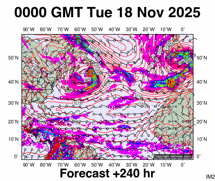 North Atlantic forecast chart for Tuesday, November 18th, 2025 at 12:00 AM
