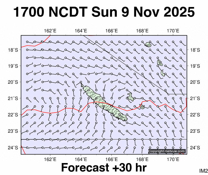 New Caledonia forecast chart for Sunday, November 9th, 2025 at 6:00 AM