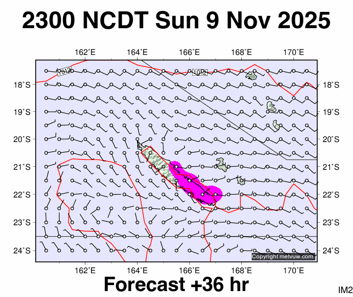 New Caledonia forecast chart for Sunday, November 9th, 2025 at 12:00 PM