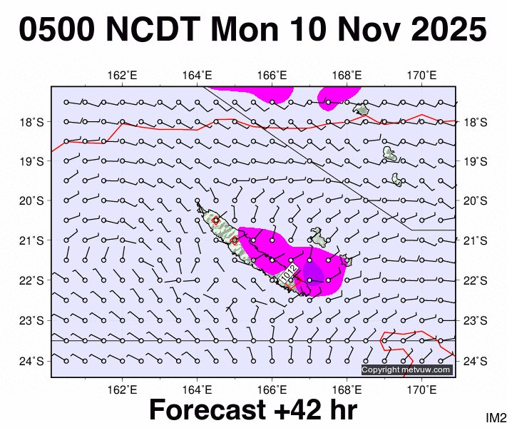 New Caledonia forecast chart for Sunday, November 9th, 2025 at 6:00 PM