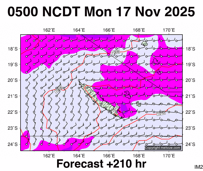 New Caledonia forecast chart for Sunday, November 16th, 2025 at 6:00 PM