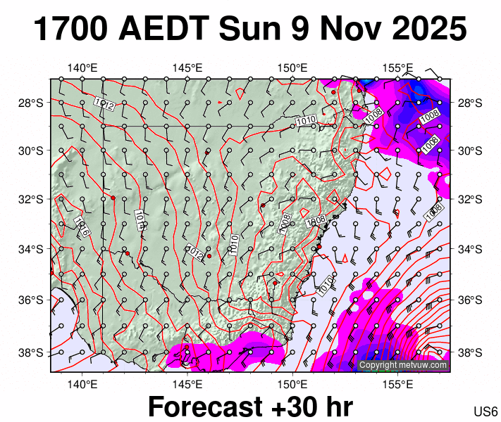 New South Wales forecast chart for Sunday, November 9th, 2025 at 6:00 AM