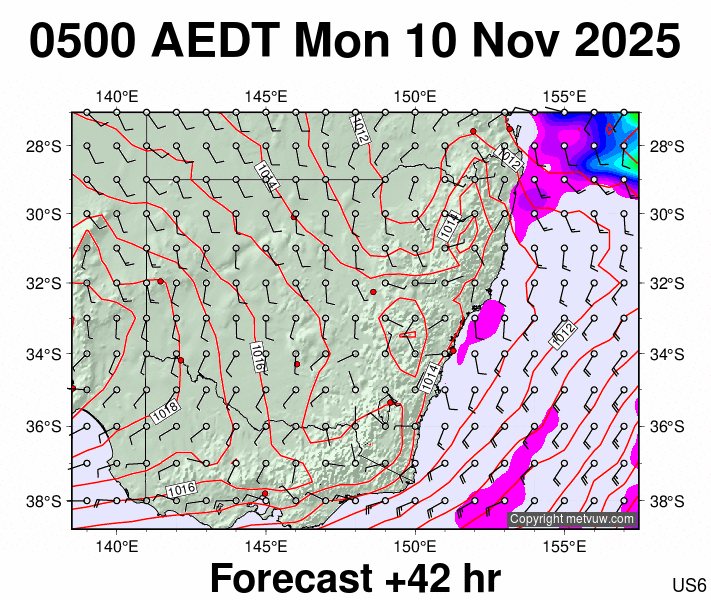 New South Wales forecast chart for Sunday, November 9th, 2025 at 6:00 PM