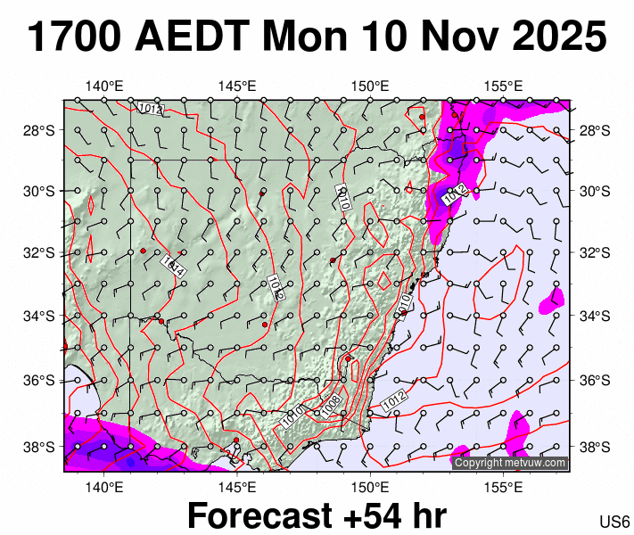 New South Wales forecast chart for Monday, November 10th, 2025 at 6:00 AM