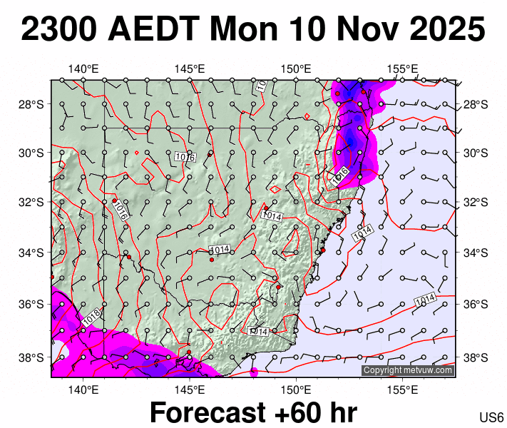 New South Wales forecast chart for Monday, November 10th, 2025 at 12:00 PM