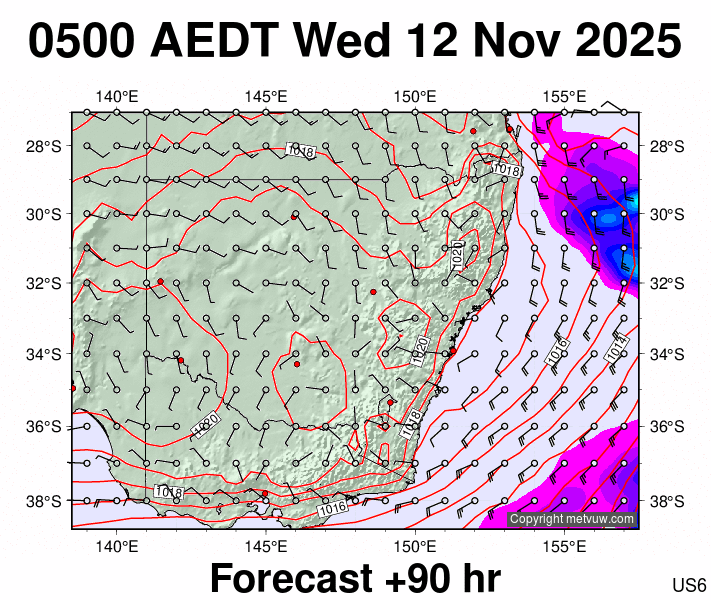 New South Wales forecast chart for Tuesday, November 11th, 2025 at 6:00 PM