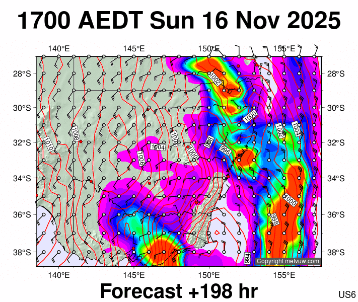 New South Wales forecast chart for Sunday, November 16th, 2025 at 6:00 AM