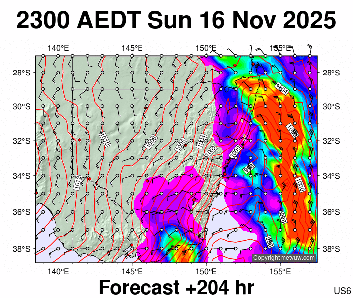 New South Wales forecast chart for Sunday, November 16th, 2025 at 12:00 PM