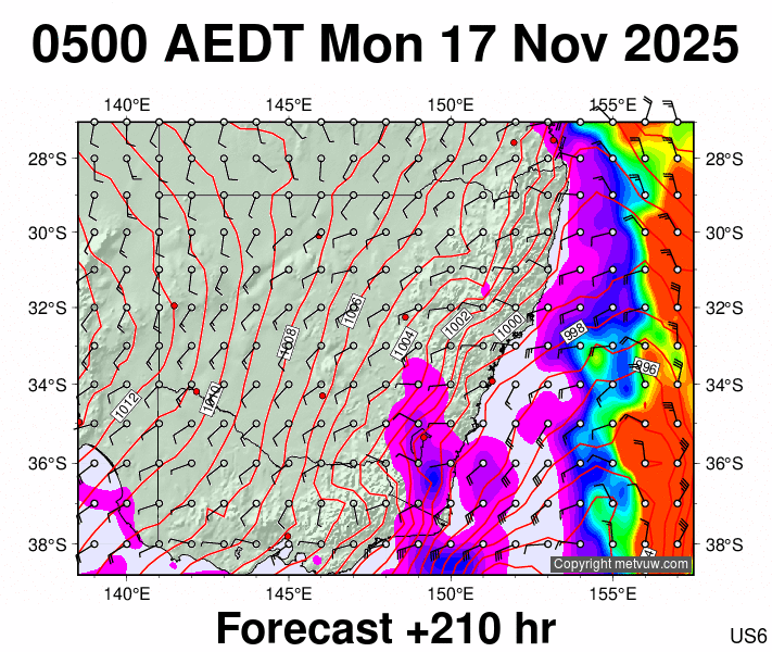 New South Wales forecast chart for Sunday, November 16th, 2025 at 6:00 PM