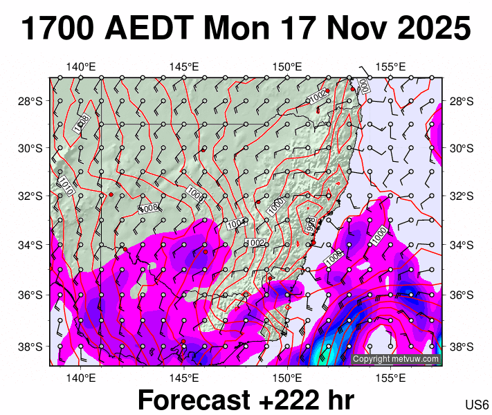 New South Wales forecast chart for Monday, November 17th, 2025 at 6:00 AM