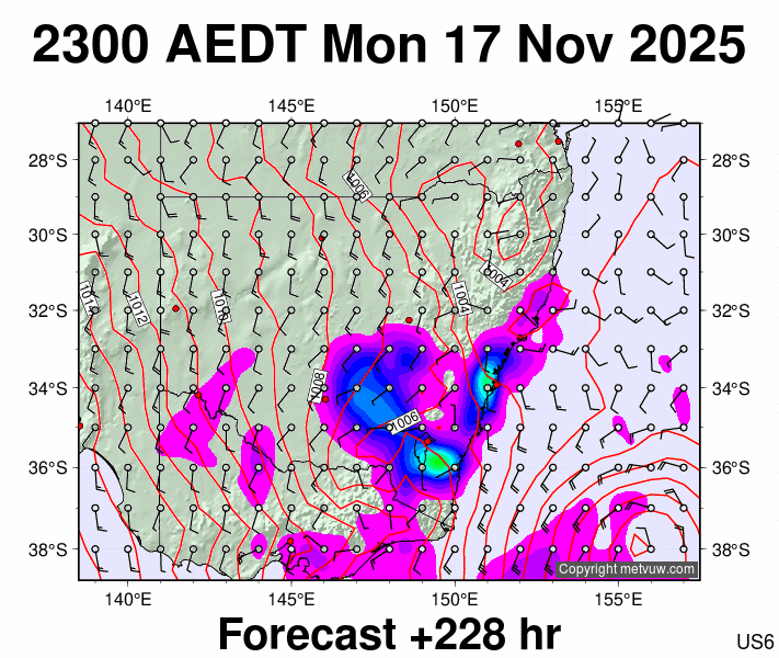 New South Wales forecast chart for Monday, November 17th, 2025 at 12:00 PM