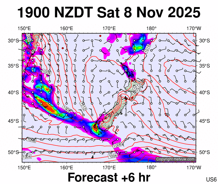 New Zealand forecast chart for Saturday, November 8th, 2025 at 6:00 AM