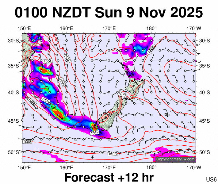 New Zealand forecast chart for Saturday, November 8th, 2025 at 12:00 PM