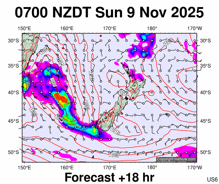 New Zealand forecast chart for Saturday, November 8th, 2025 at 6:00 PM