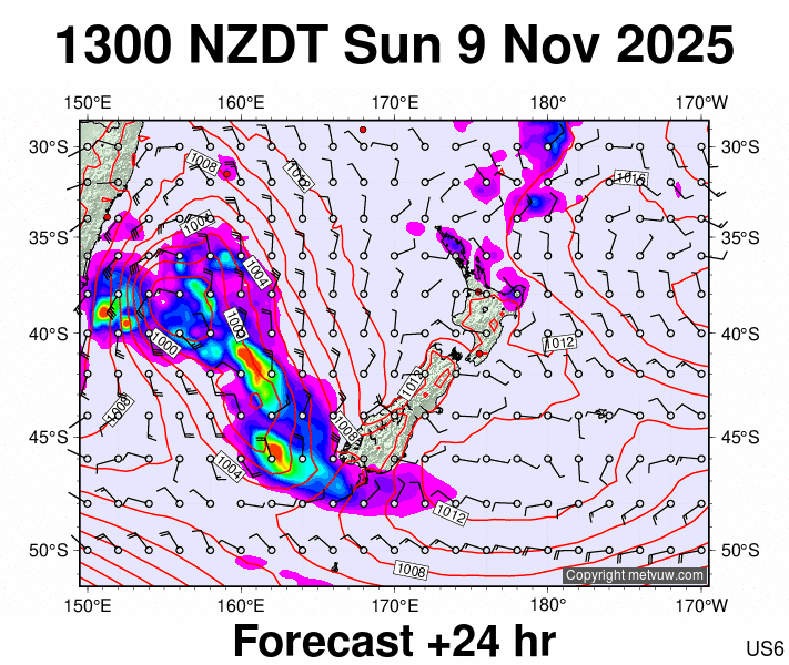 New Zealand forecast chart for Sunday, November 9th, 2025 at 12:00 AM